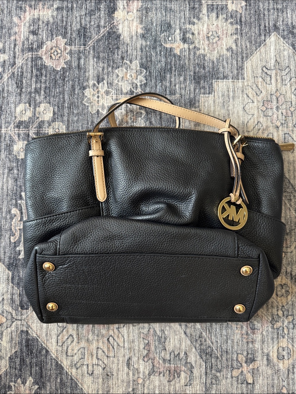Michael Kors Black Pebbled Leather Tote with Tan Handles and Gold MK Charm